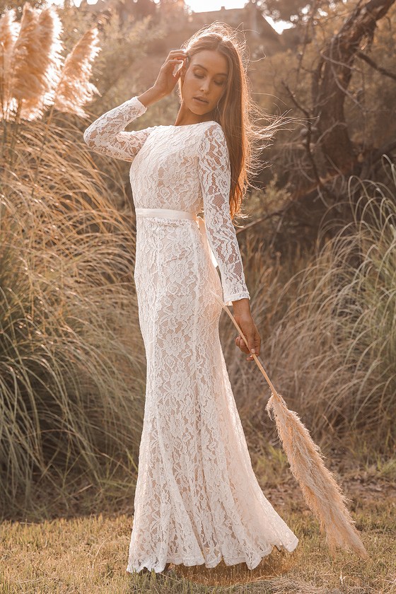 White Lace Maxi Dress - Long Sleeve ...